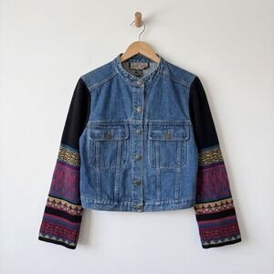 Carole Little Street Wear Vintage Denim Jacket Knit Geometric Sleeves Blue Small
